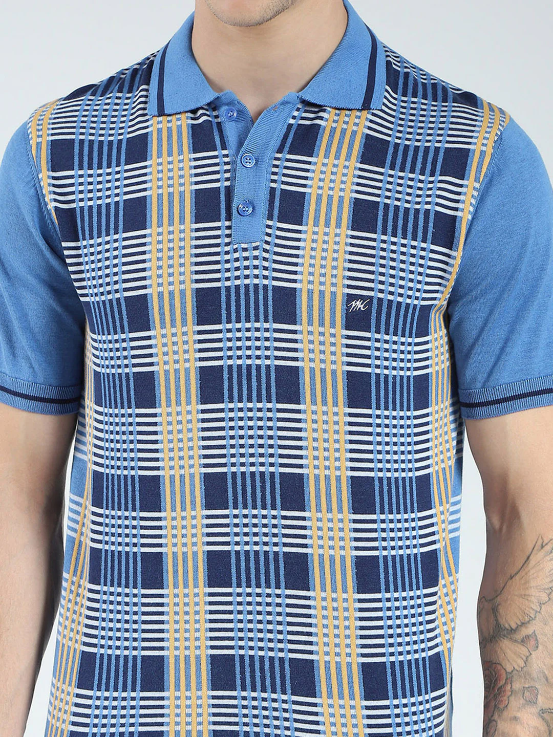 Men Blue Self Design Collar Half Sleeve T-Shirt - Image 7