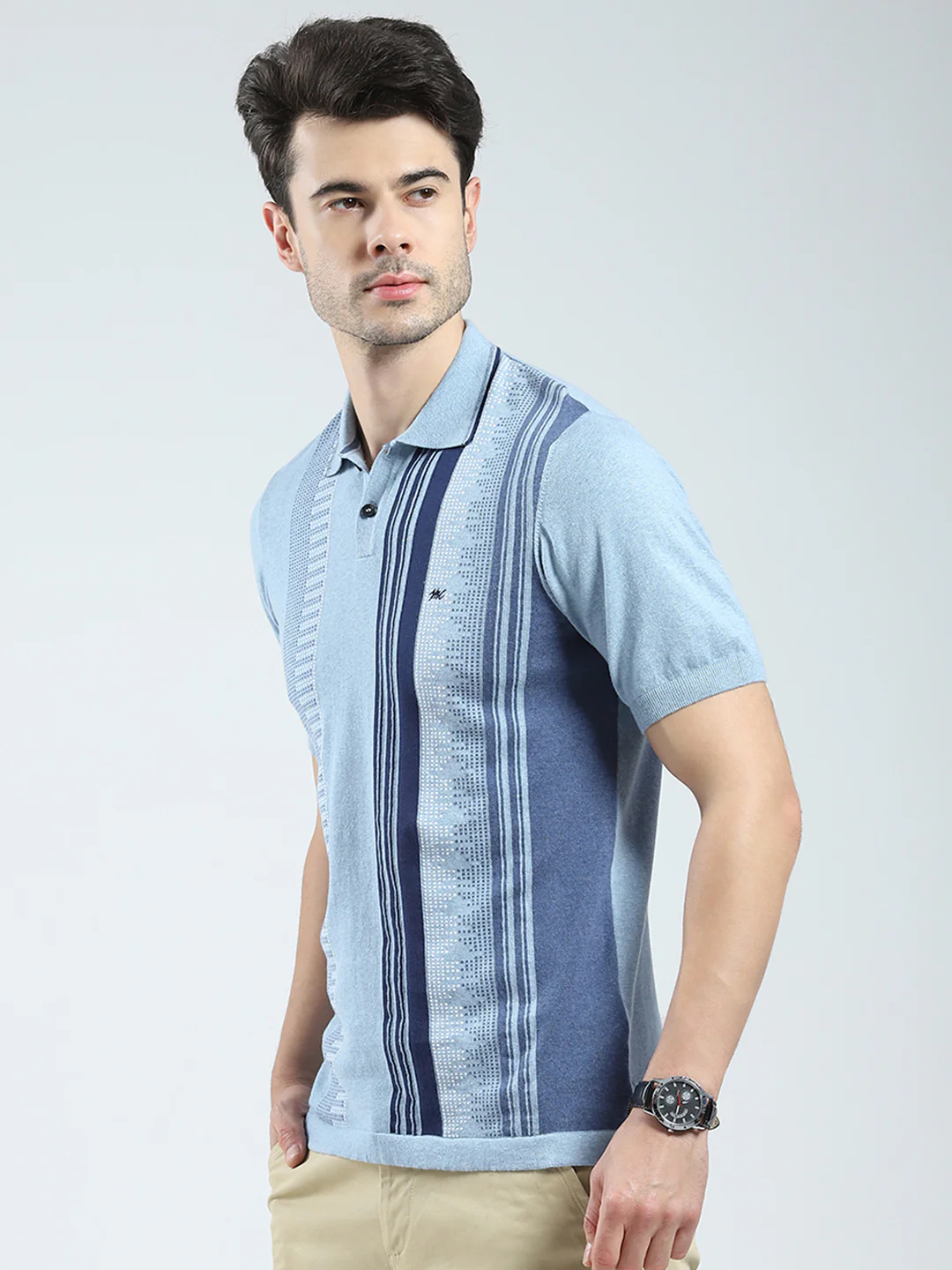 Men Blue Self Design Collar Half Sleeve T-Shirt - Image 3