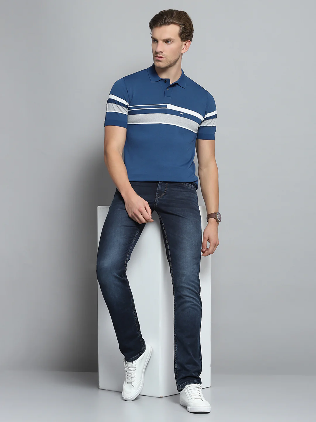 Men Blue Self Design Collar Half Sleeve T-Shirt - Image 2