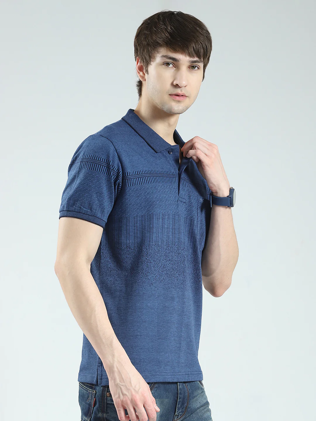 Men Blue Self Design Collar Half Sleeve T-Shirt - Image 4