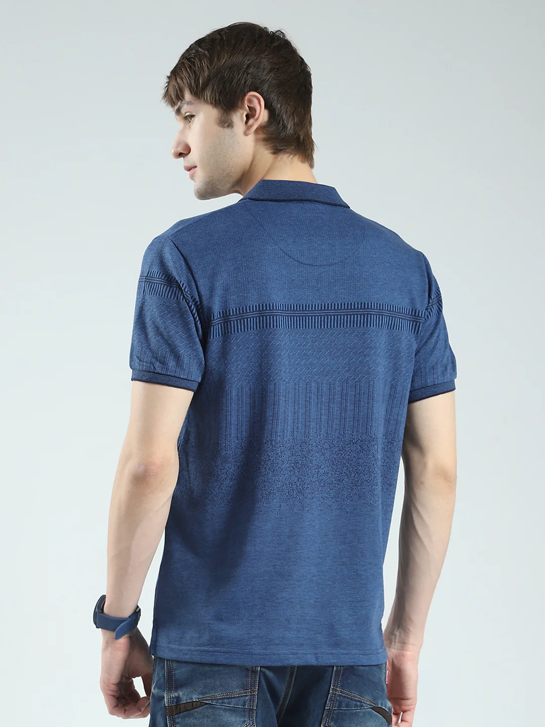 Men Blue Self Design Collar Half Sleeve T-Shirt - Image 5