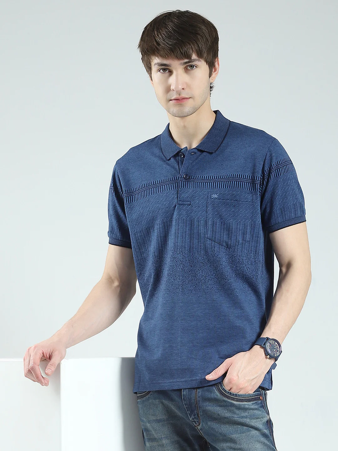 Men Blue Self Design Collar Half Sleeve T-Shirt - Image 6