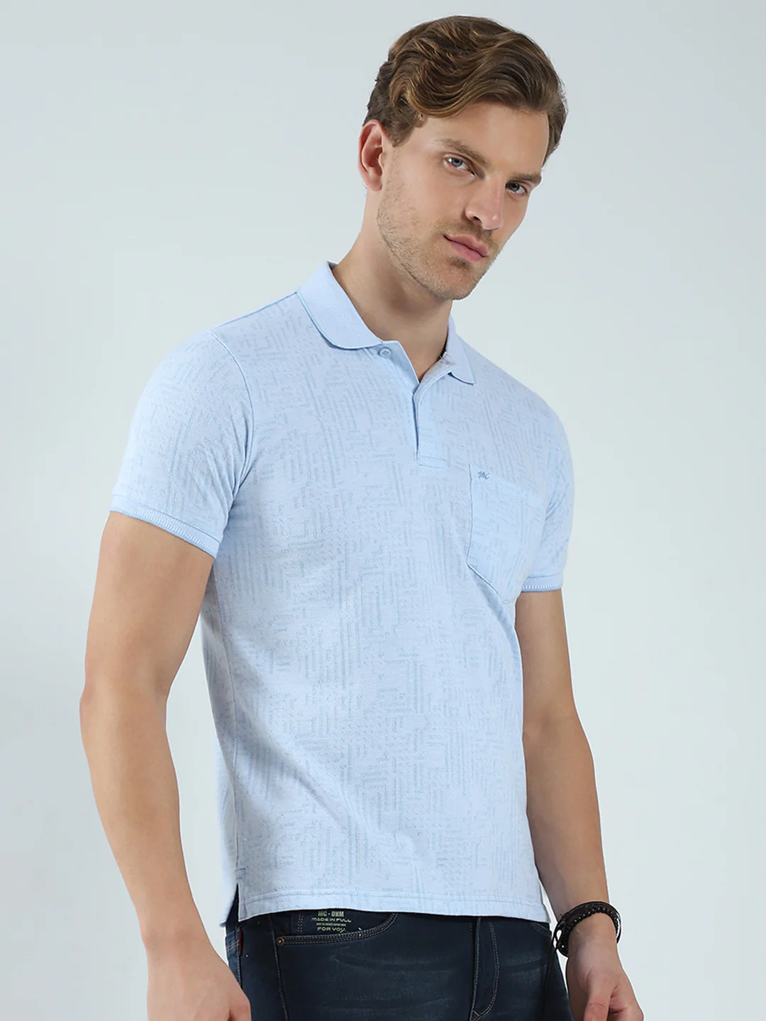 Men Blue Self Design Collar Half Sleeve T-Shirt - Image 4