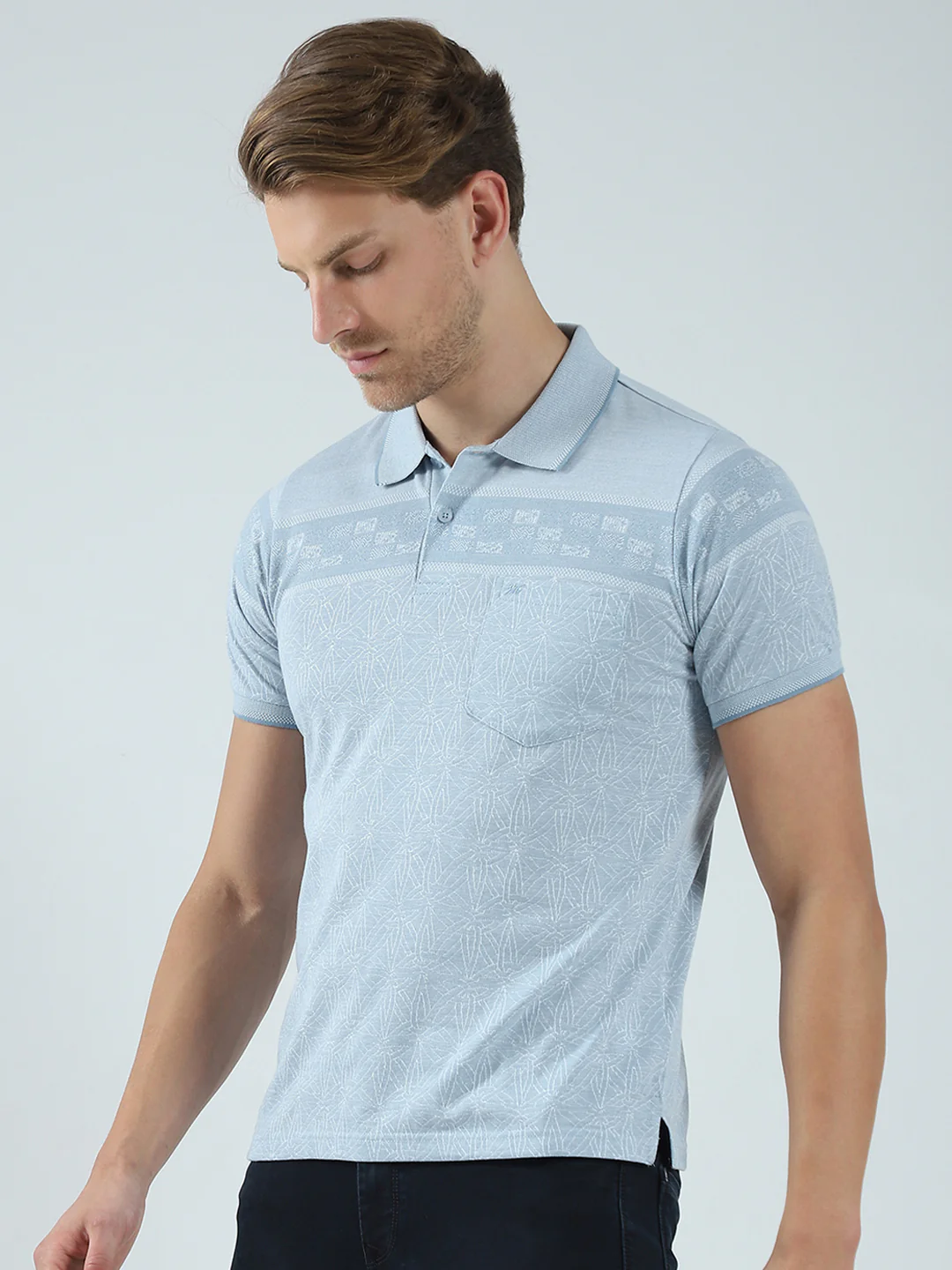 Men Blue Self Design Collar Half Sleeve T-Shirt - Image 3