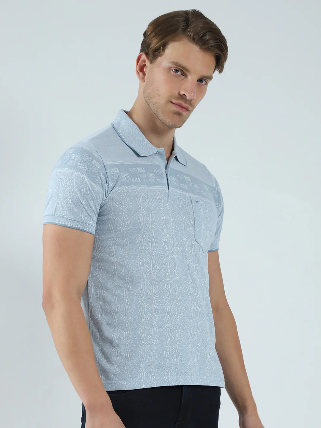 Men Blue Self Design Collar Half Sleeve T-Shirt - Image 4