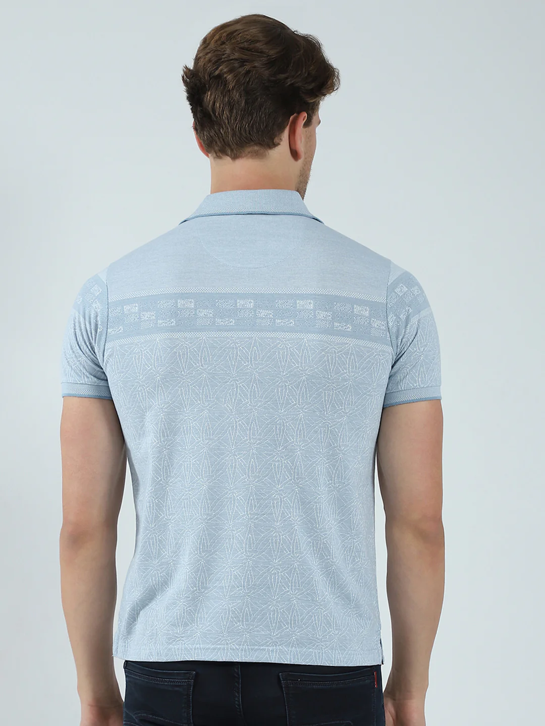 Men Blue Self Design Collar Half Sleeve T-Shirt - Image 5