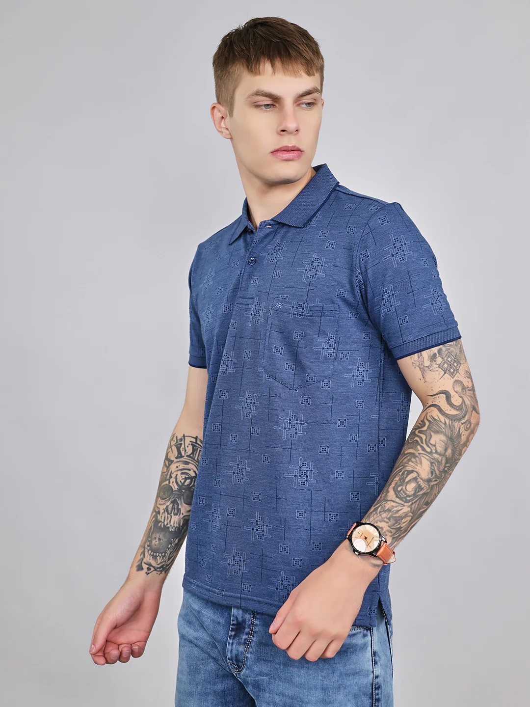 Men Blue Self Design Collar Half Sleeve T-Shirt - Image 2