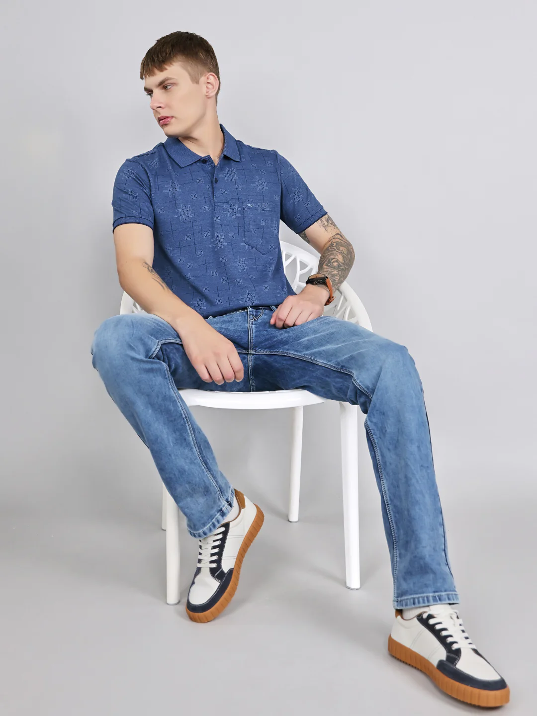 Men Blue Self Design Collar Half Sleeve T-Shirt - Image 6