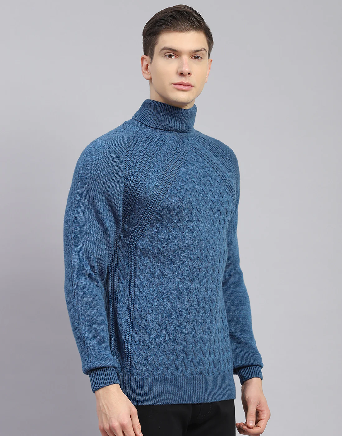 Men Blue Self Design H Neck Full Sleeve Sweater - Image 6