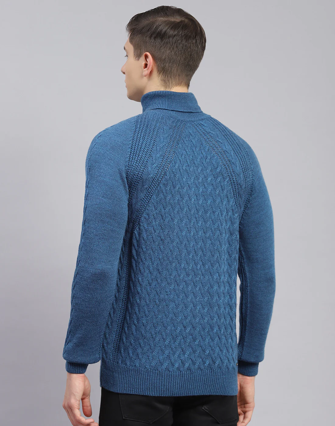 Men Blue Self Design H Neck Full Sleeve Sweater - Image 7