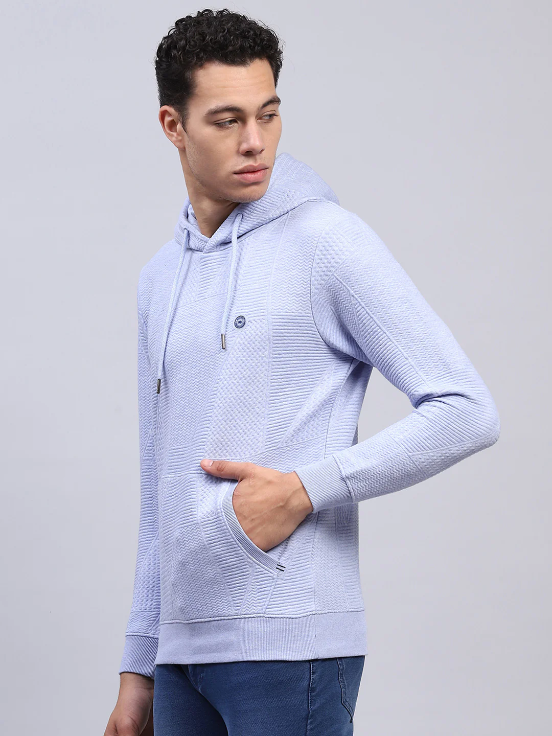 Men Blue Self Design Hooded Full Sleeve Sweatshirt - Image 3