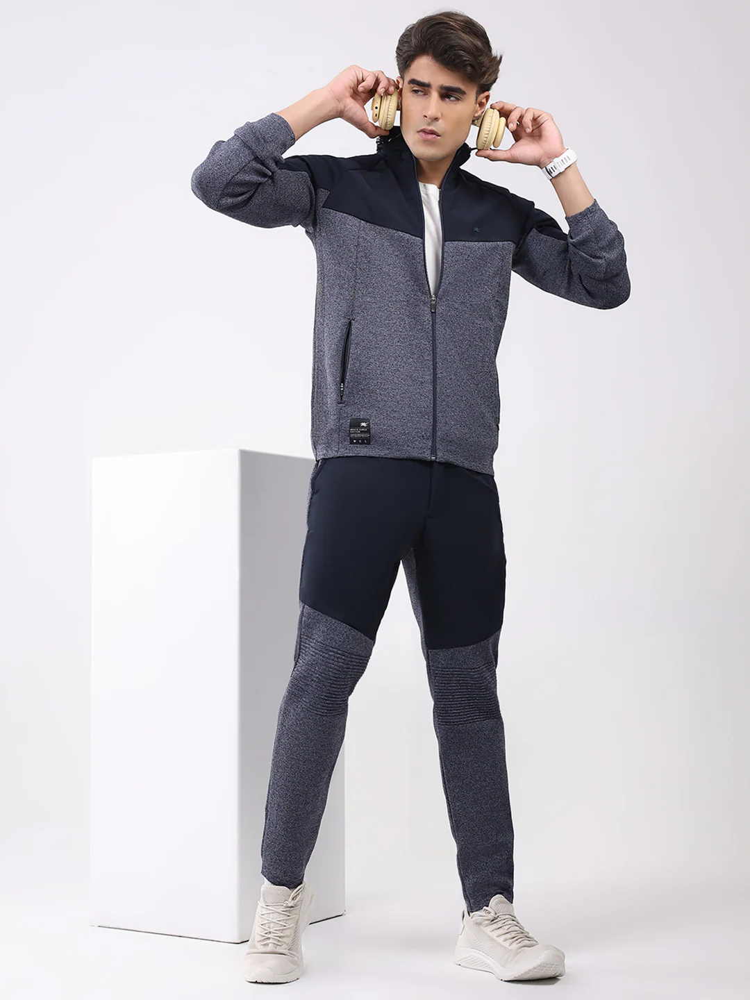 Men Blue Self Design Mock Neck Full Sleeve Cords Set - Image 2