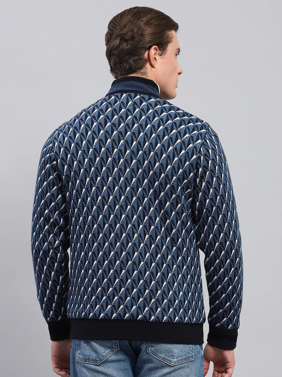 Men Blue Self Design Mock Neck Full Sleeve Jacket - Image 5