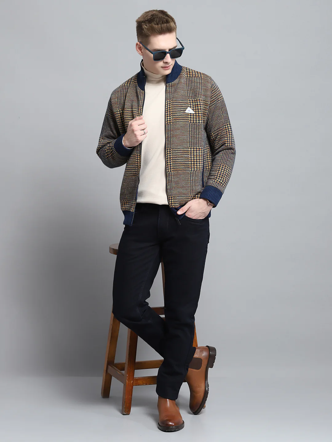Men Blue Self Design Mock Neck Full Sleeve Jacket - Image 2