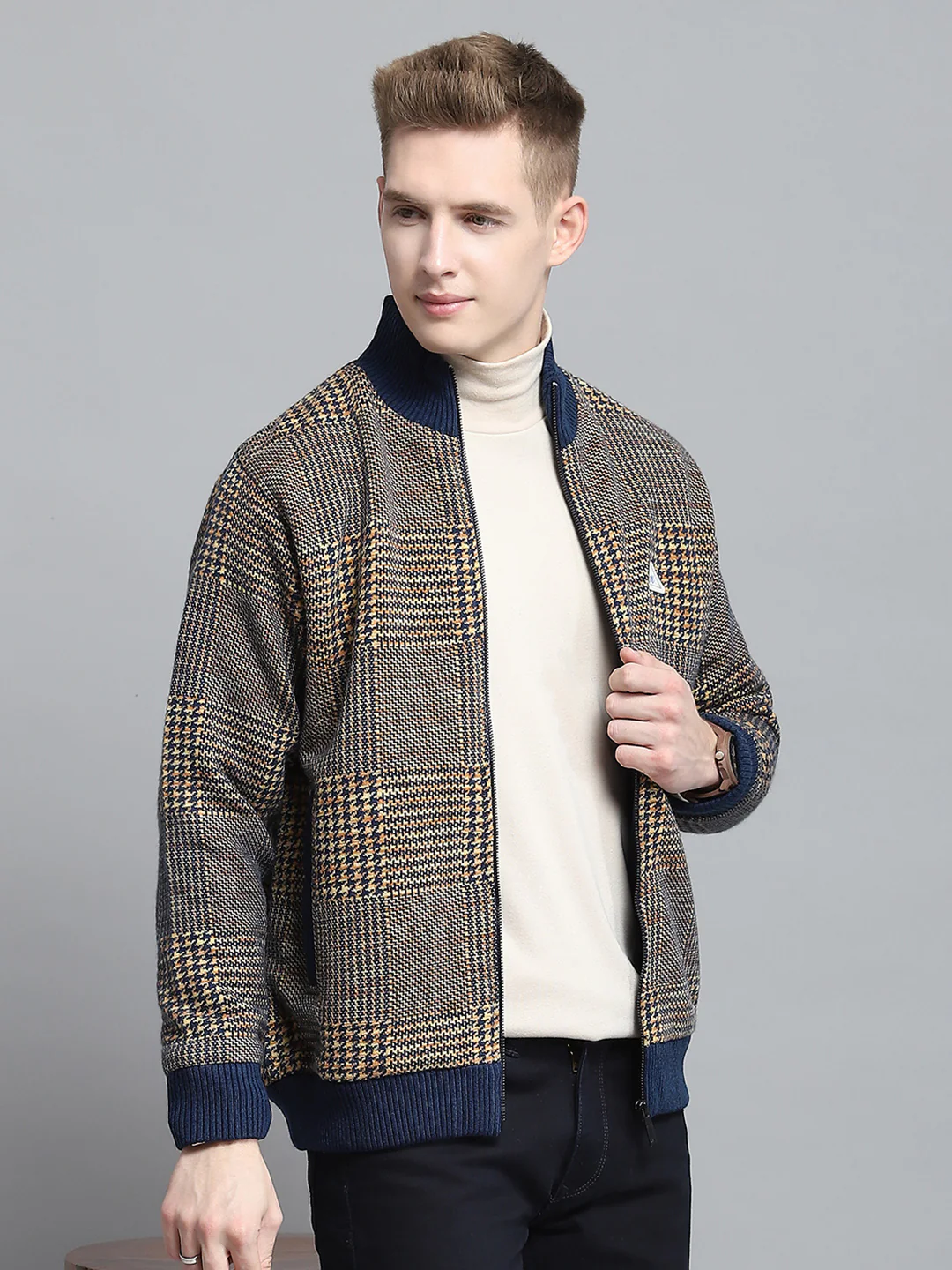 Men Blue Self Design Mock Neck Full Sleeve Jacket - Image 6