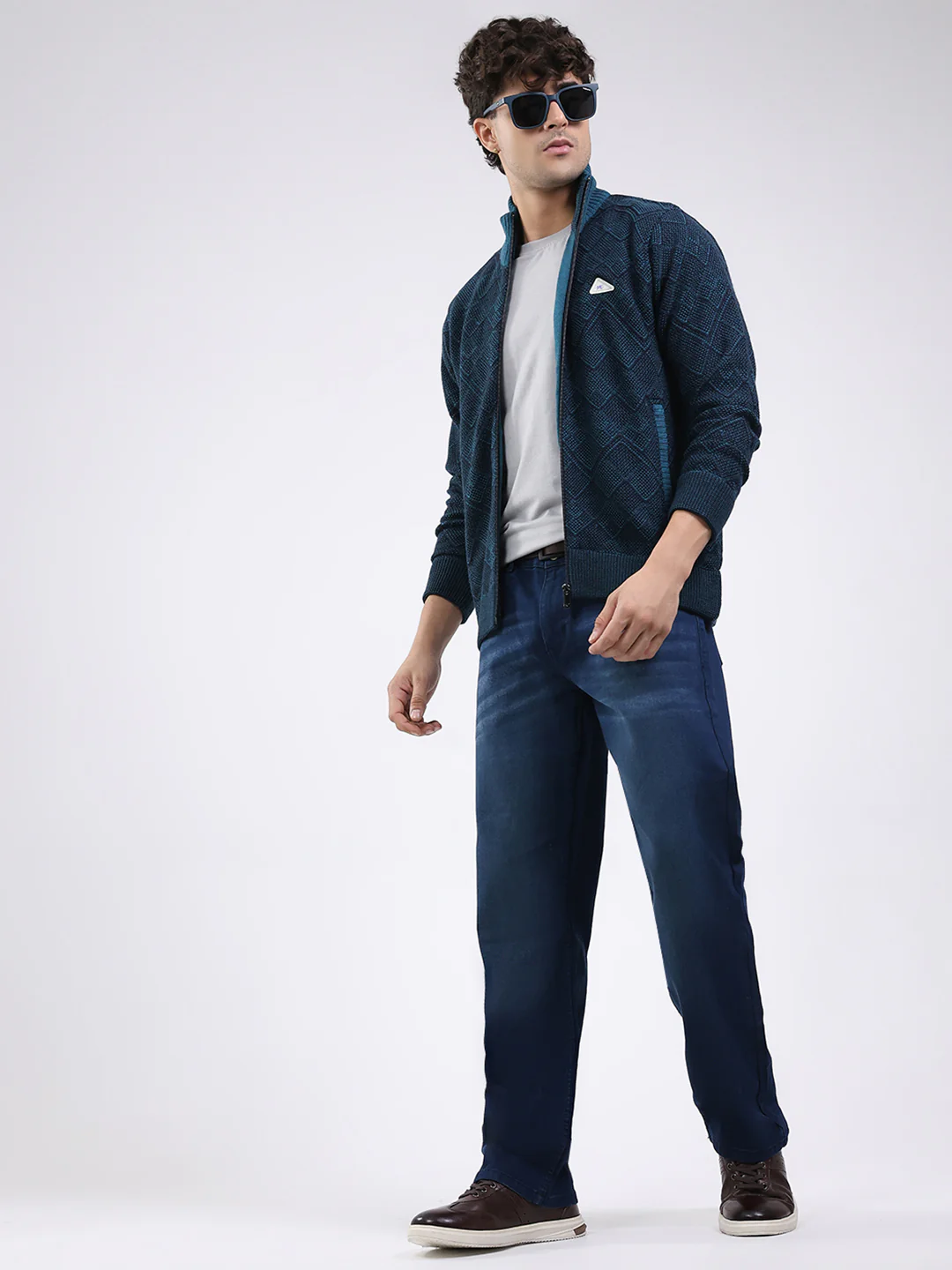 Men Blue Self Design Mock Neck Full Sleeve Jacket - Image 2
