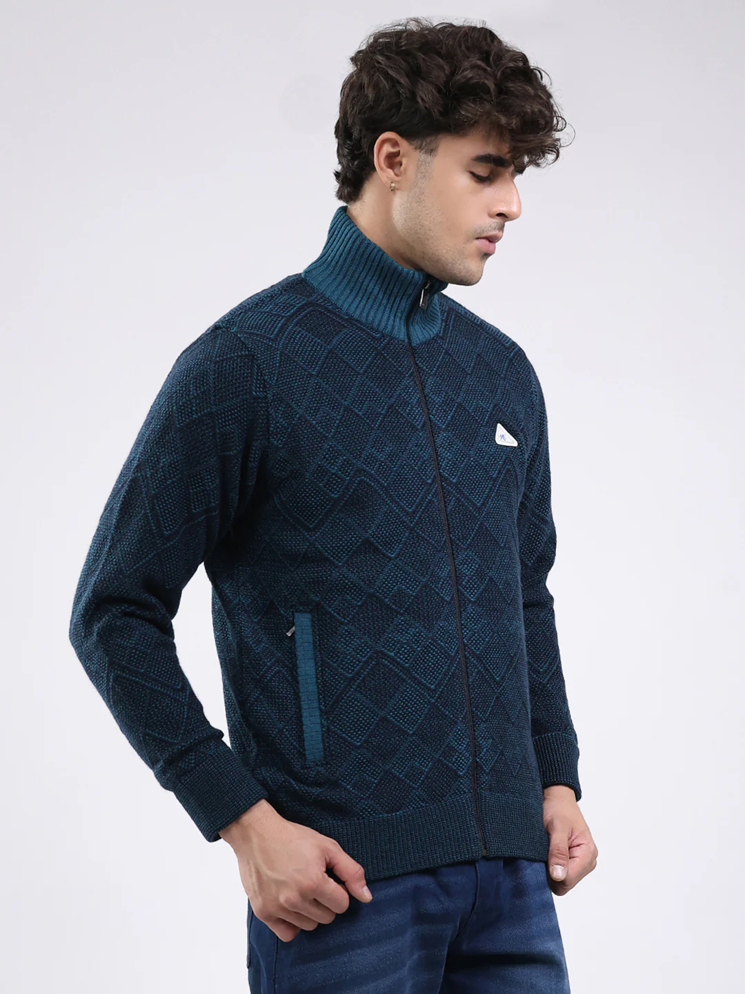 Men Blue Self Design Mock Neck Full Sleeve Jacket - Image 4