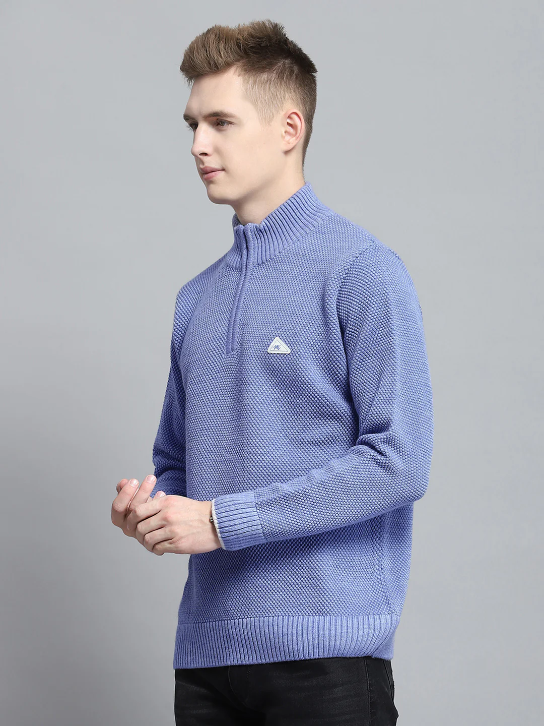 Men Blue Self Design Mock Neck Full Sleeve Pullover - Image 3