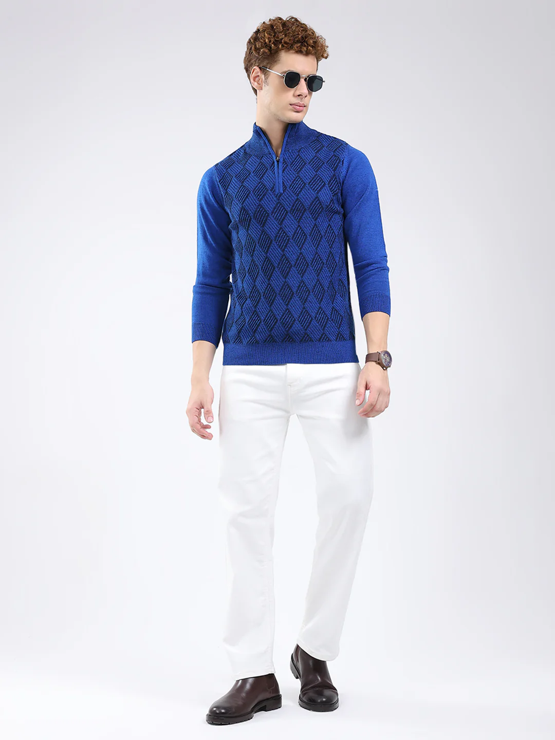 Men Blue Self Design Mock Neck Full Sleeve Pullover - Image 2