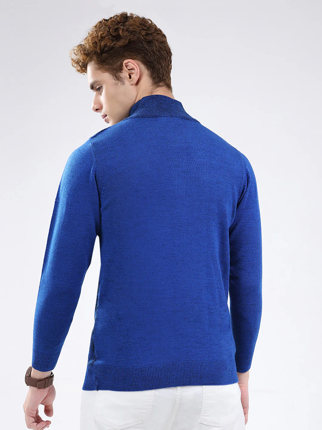 Men Blue Self Design Mock Neck Full Sleeve Pullover - Image 5