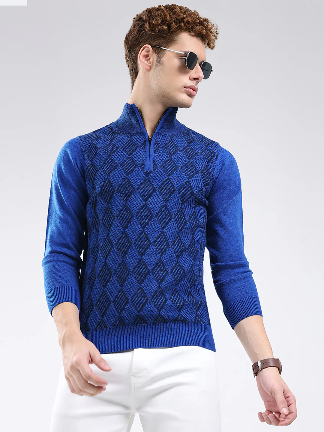 Men Blue Self Design Mock Neck Full Sleeve Pullover - Image 6