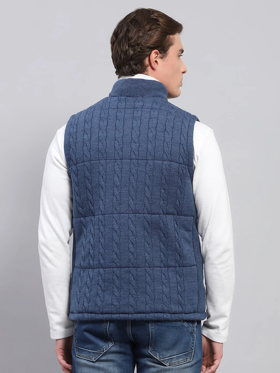 Men Blue Self Design Mock Neck Sleeveless Jacket - Image 5