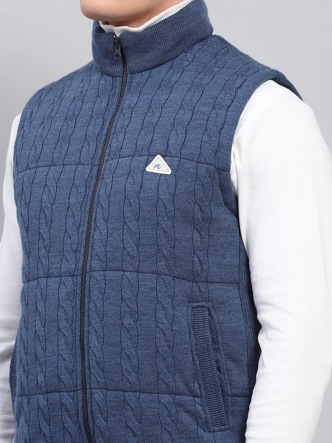 Men Blue Self Design Mock Neck Sleeveless Jacket - Image 6