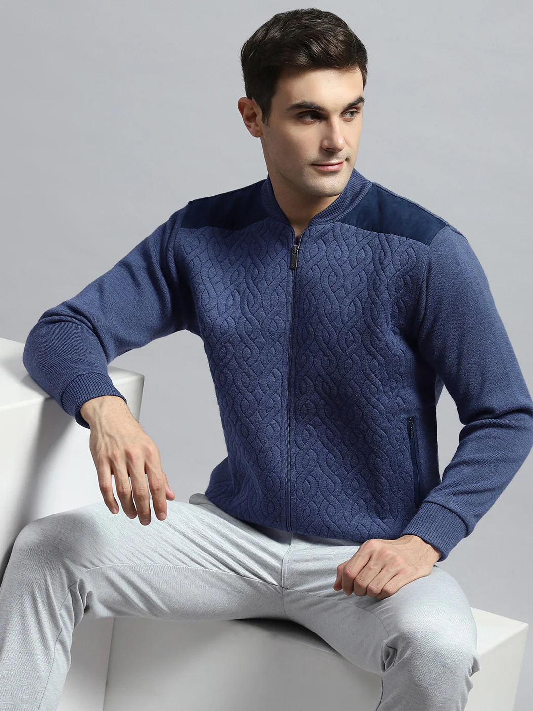 Men Blue Self Design Round Neck Full Sleeve Jacket - Image 6