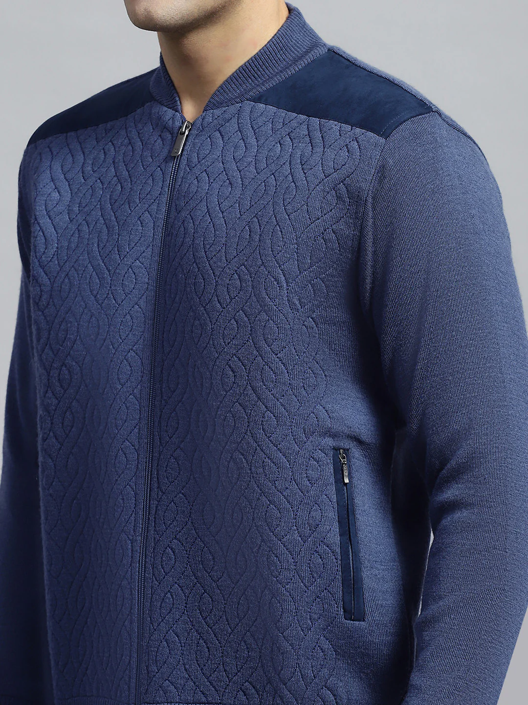 Men Blue Self Design Round Neck Full Sleeve Jacket - Image 7