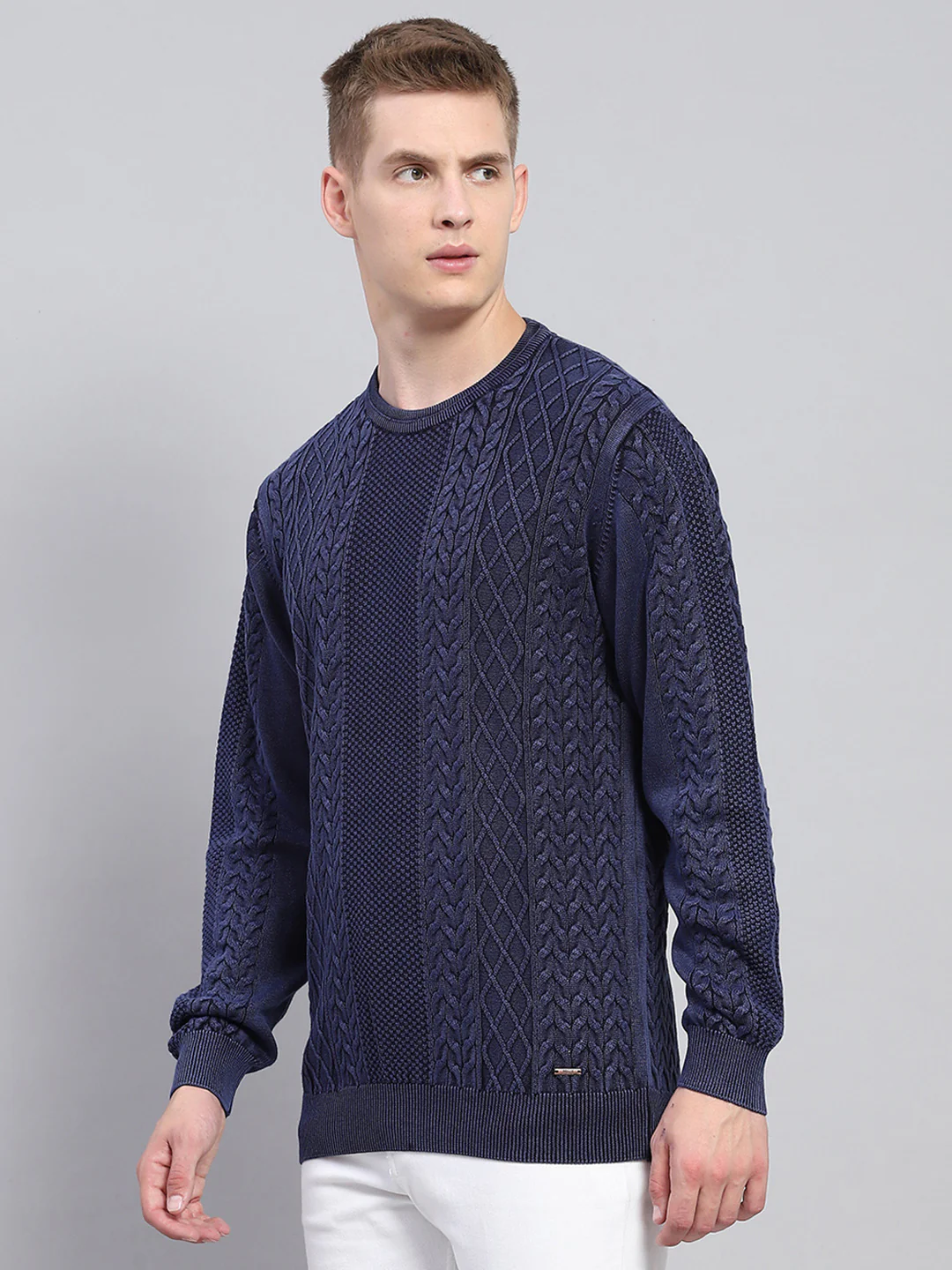 Men Blue Self Design Round Neck Full Sleeve Pullover - Image 3