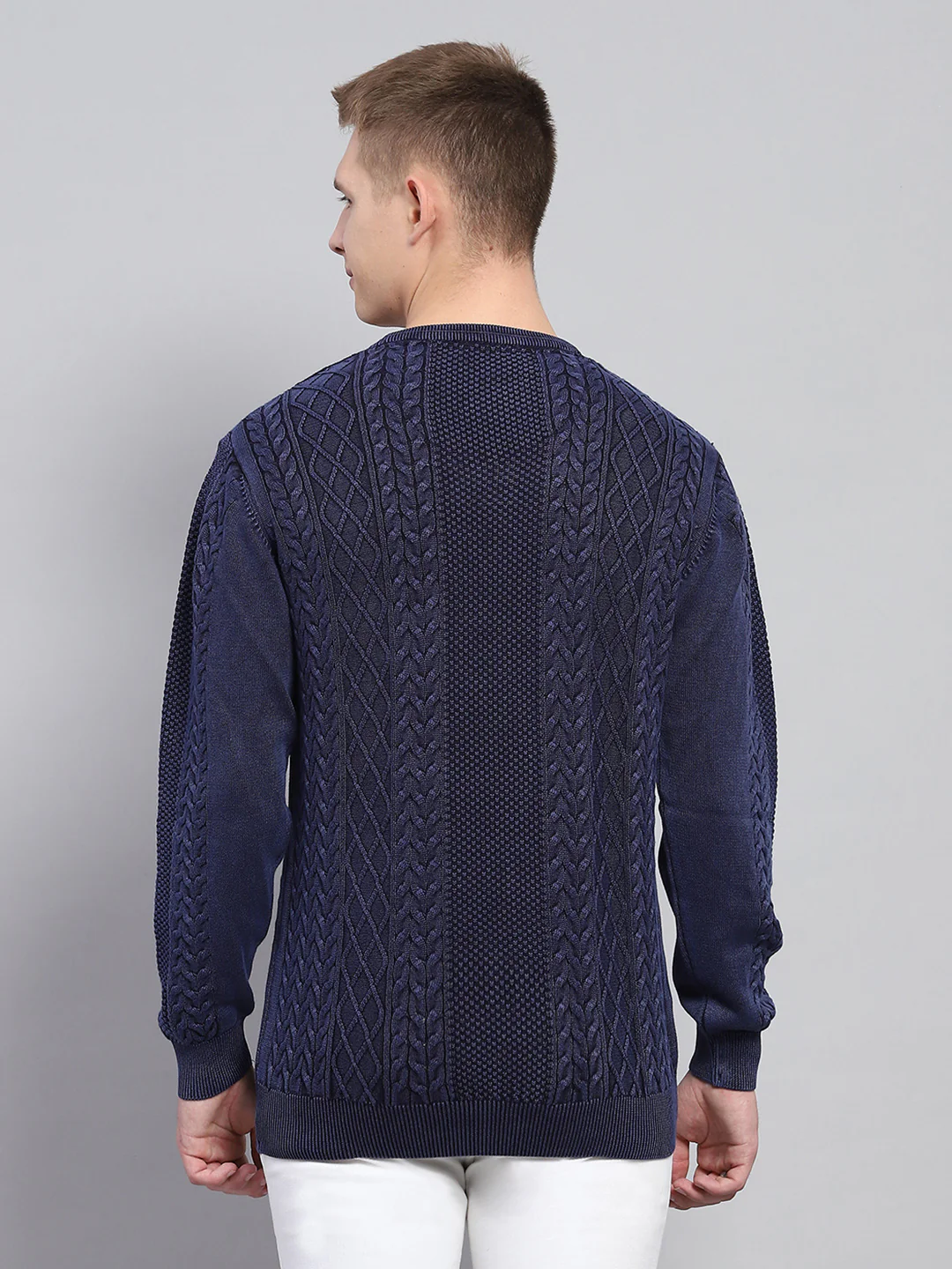 Men Blue Self Design Round Neck Full Sleeve Pullover - Image 5
