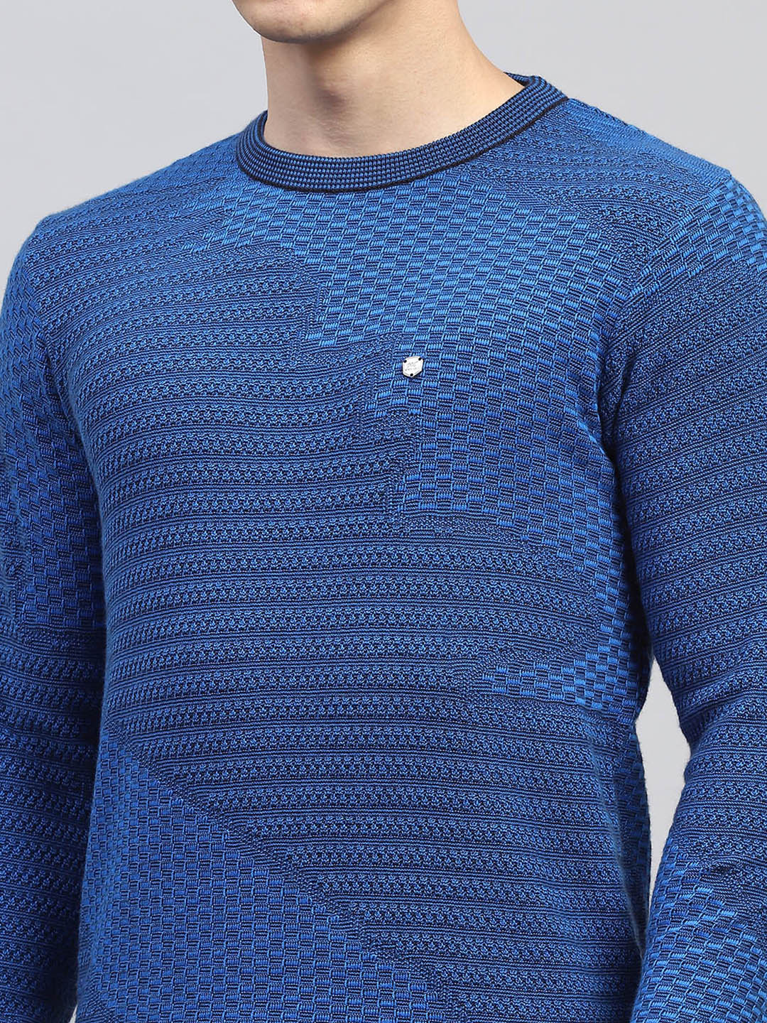 Men Blue Self Design Round Neck Full Sleeve Pullover - Image 7