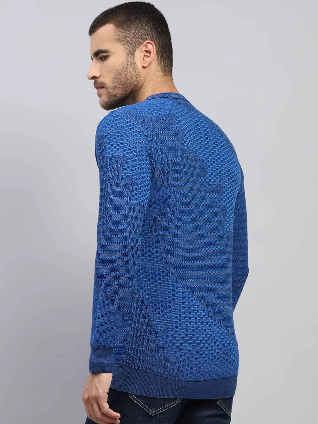 Men Blue Self Design Round Neck Full Sleeve Pullover - Image 5