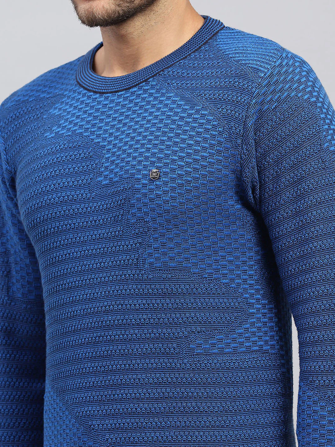 Men Blue Self Design Round Neck Full Sleeve Pullover - Image 6