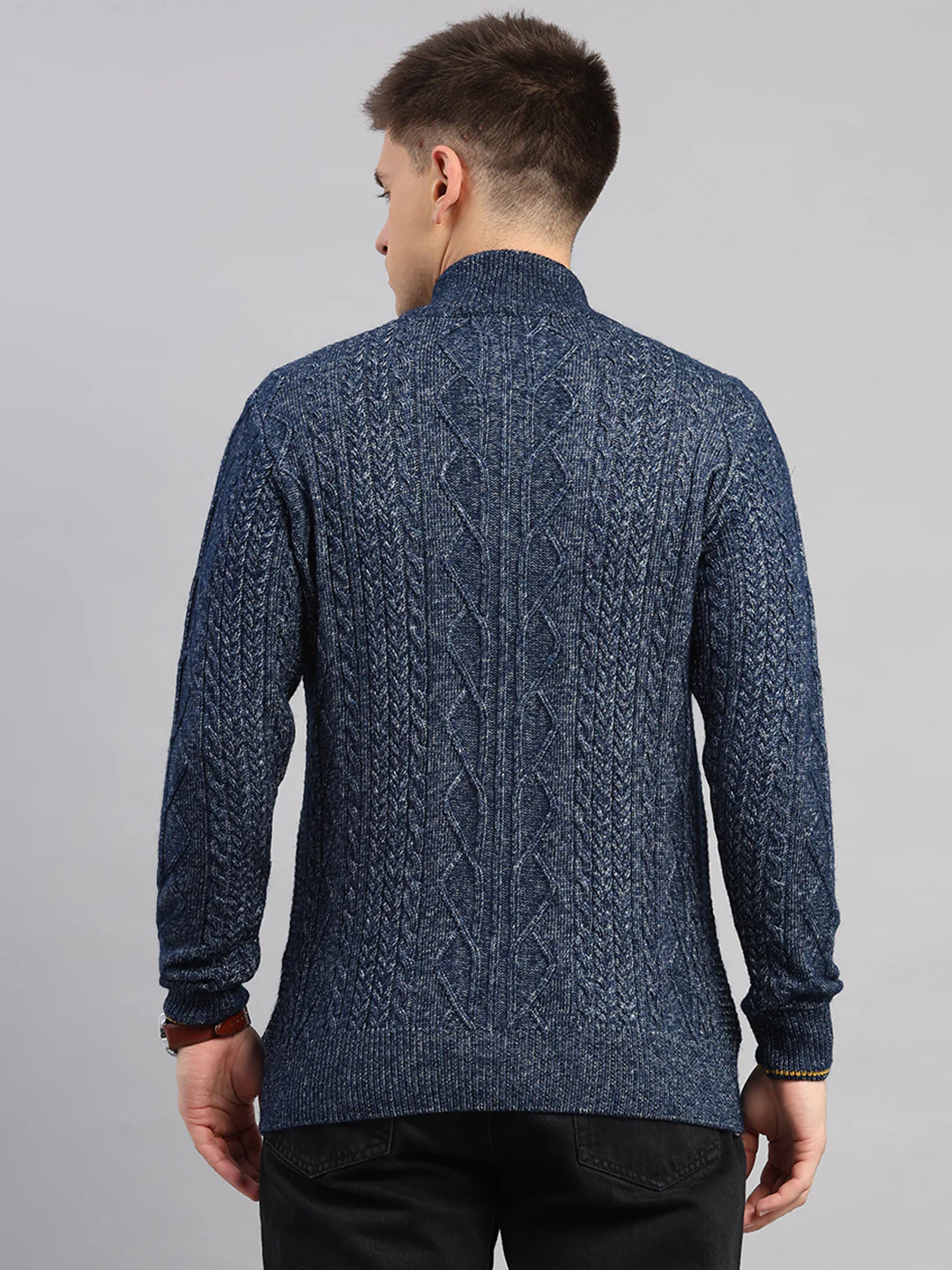 Men Blue Self Design Round Neck Full Sleeve Pullover - Image 5
