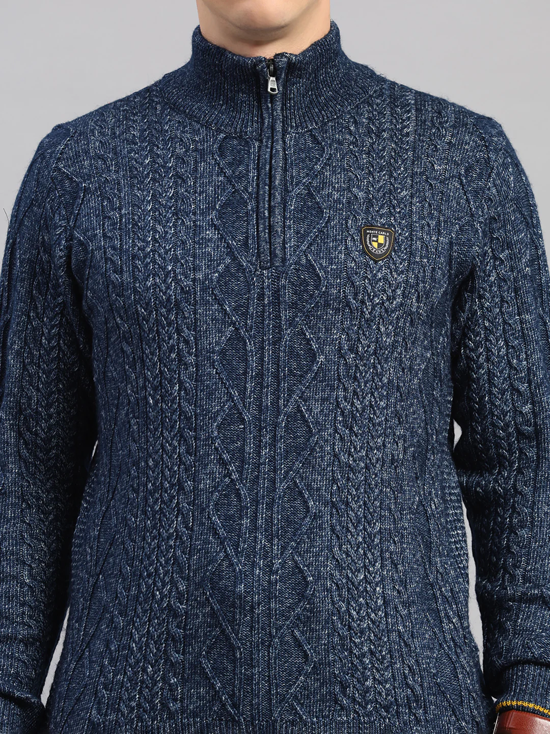 Men Blue Self Design Round Neck Full Sleeve Pullover - Image 7