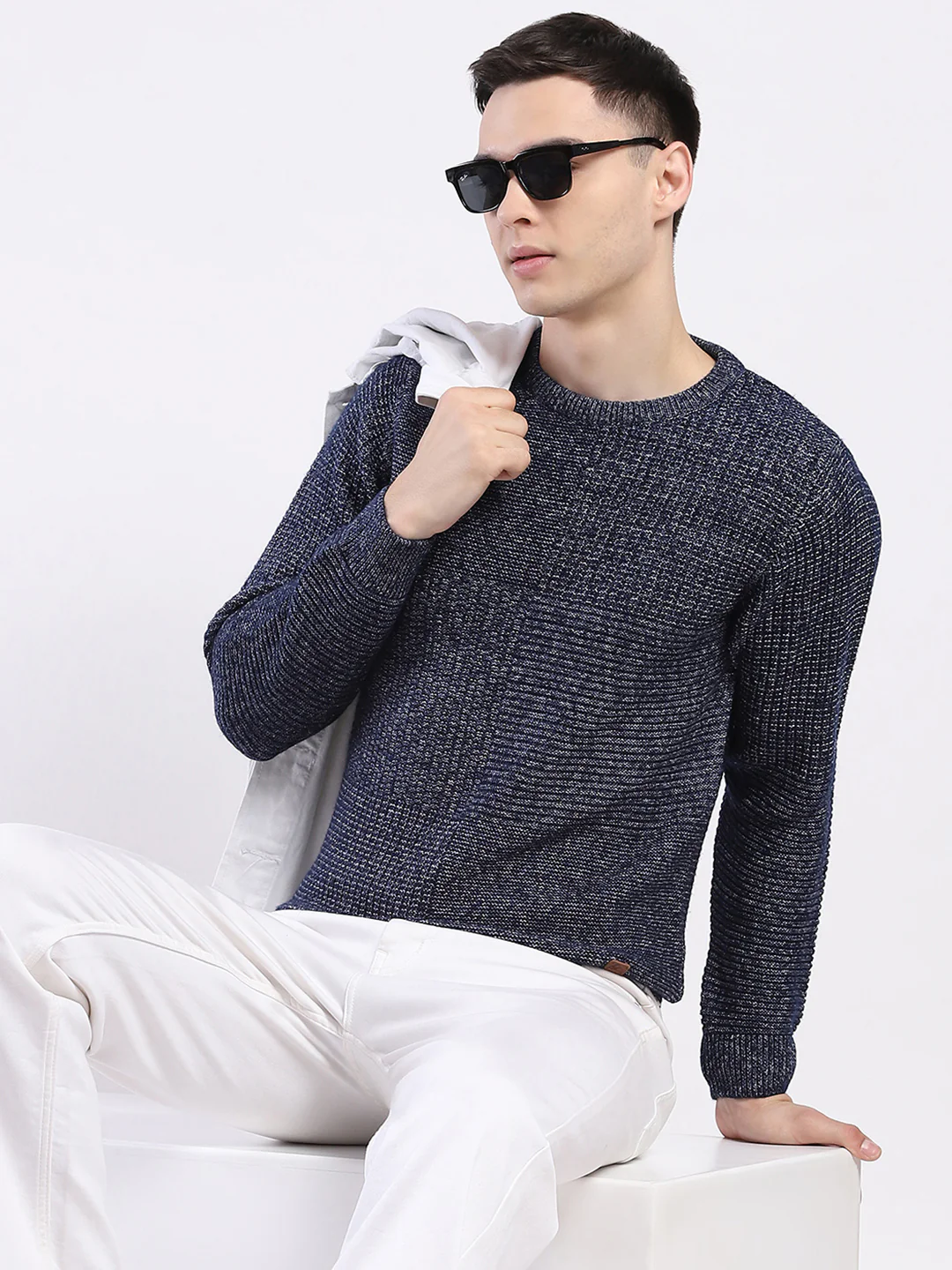 Men Blue Self Design Round Neck Full Sleeve Pullover - Image 6