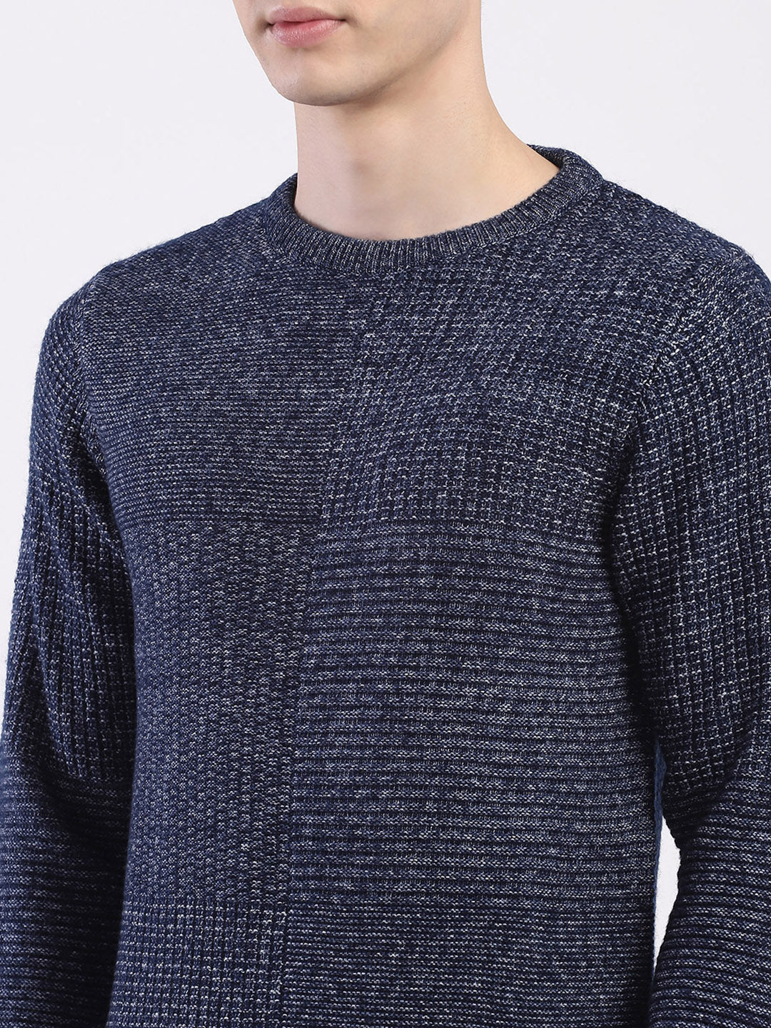 Men Blue Self Design Round Neck Full Sleeve Pullover - Image 7