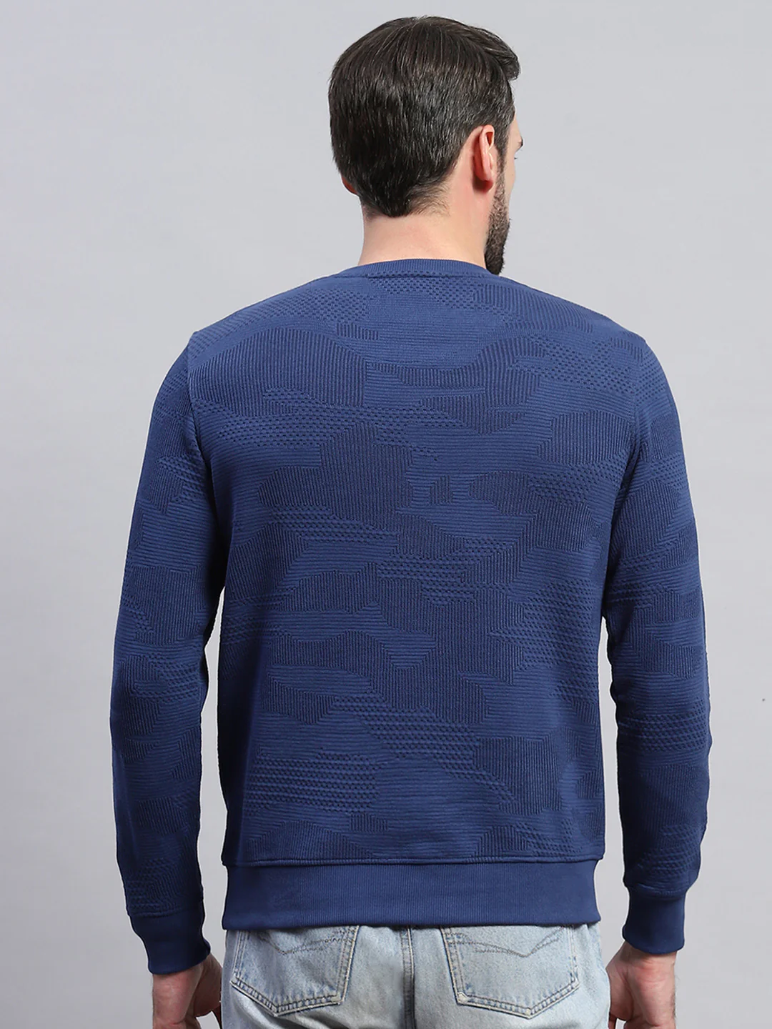 Men Blue Self Design Round Neck Full Sleeve T-Shirt - Image 5