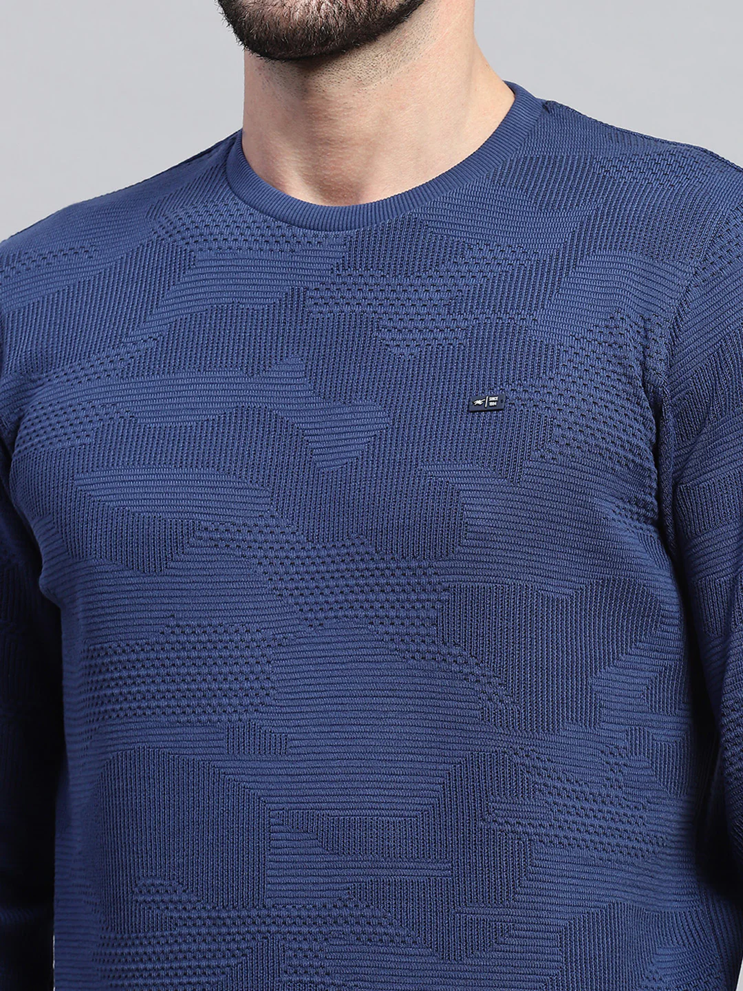 Men Blue Self Design Round Neck Full Sleeve T-Shirt - Image 7