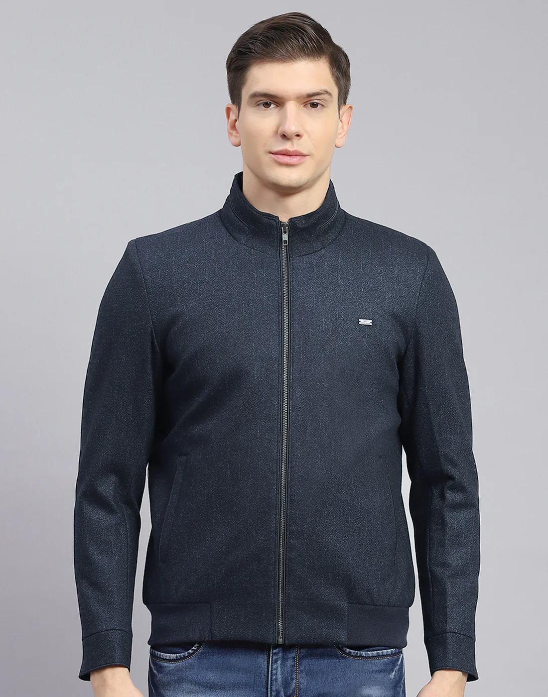 Men Blue Self Design Stand Collar Full Sleeve Jacket - Image 3