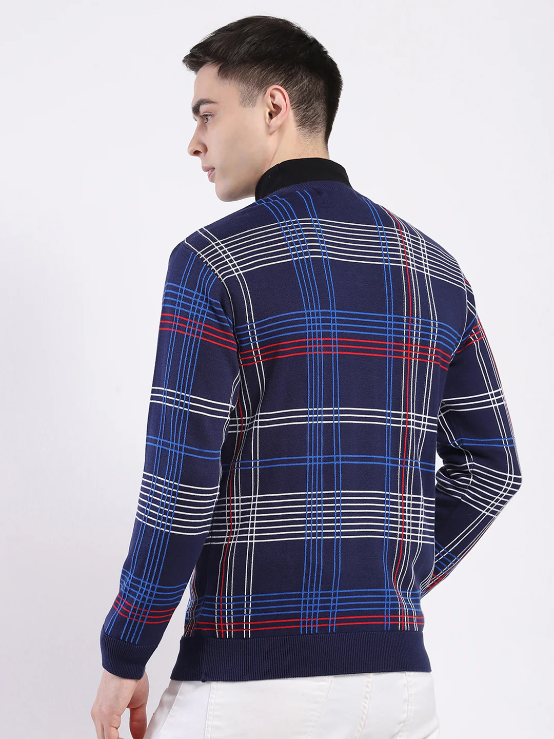 Men Blue Self Design V Neck Full Sleeve Pullover - Image 5