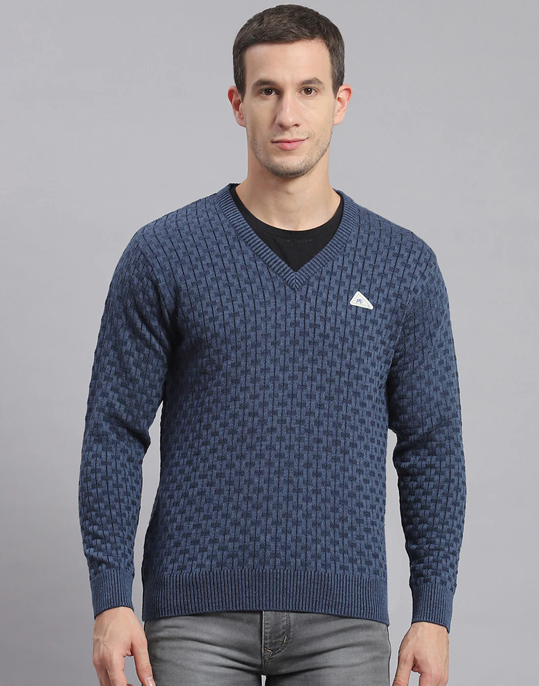 Men Blue Self Design V Neck Full Sleeve Sweater - Image 2