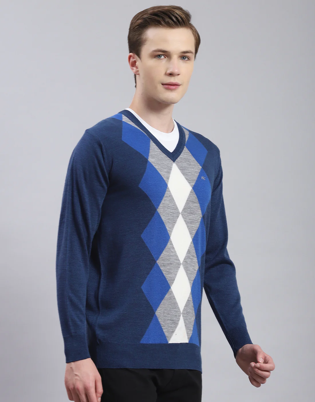 Men Blue Self Design V Neck Full Sleeve Sweater - Image 4