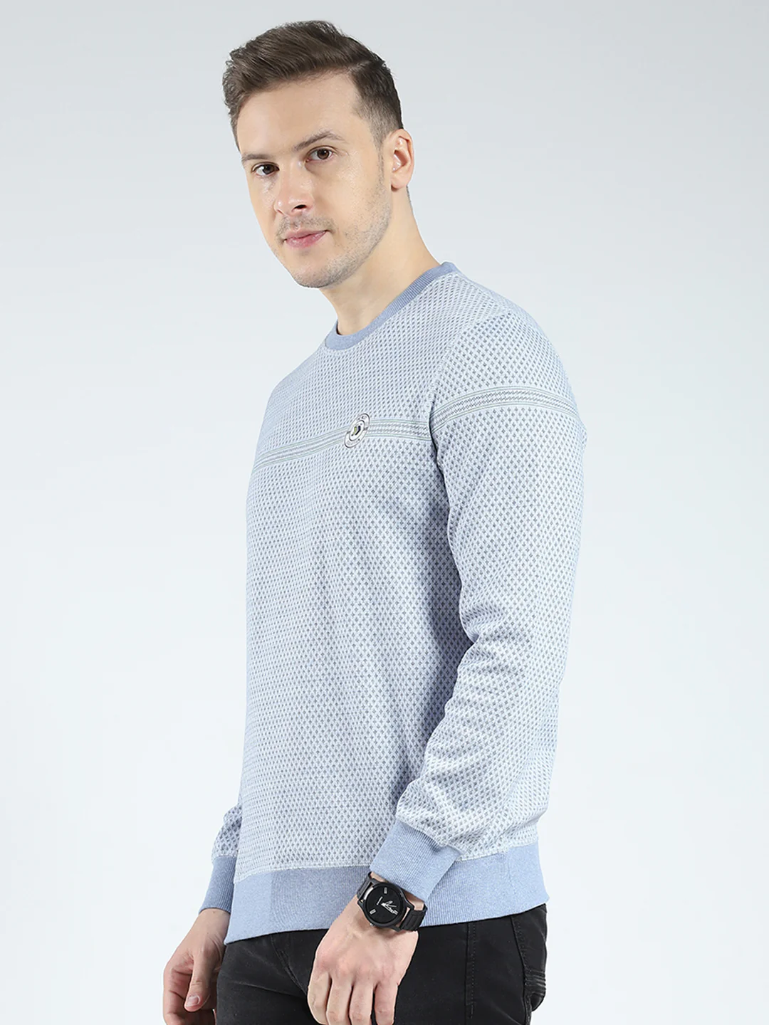 Men Blue Self Design Round Neck Full Sleeve Reversible Winter T-Shirt - Image 3