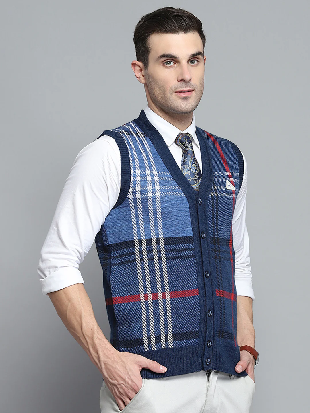Men Blue Self Design V Neck Sleeveless Cardigan - Image 3