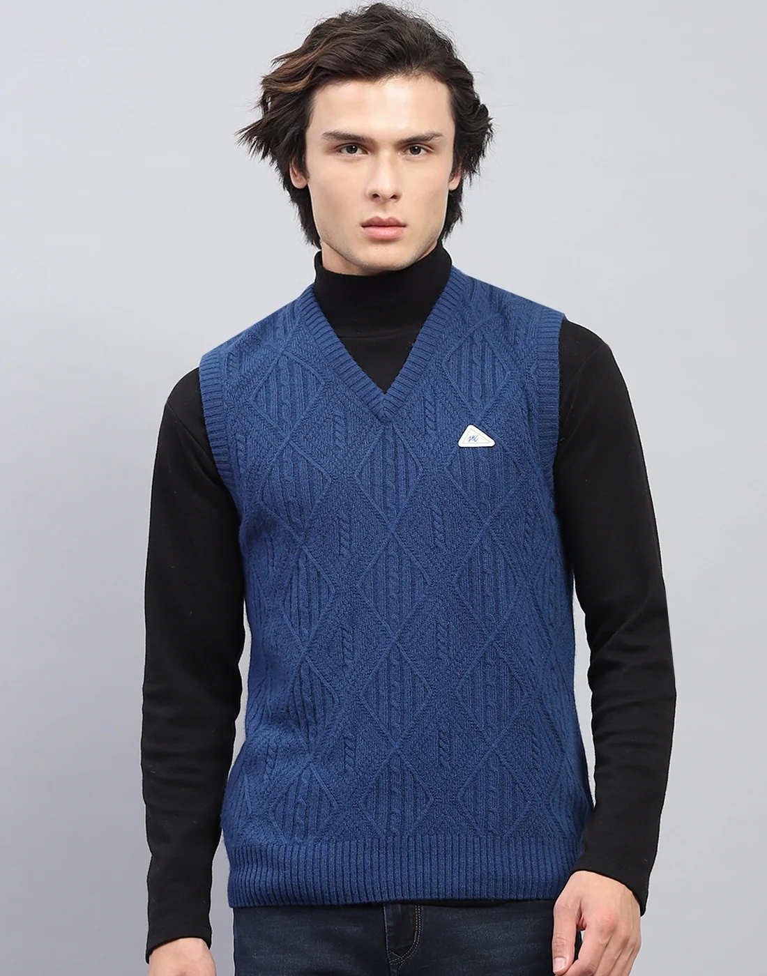 Men Blue Self Design V Neck Sleeveless Sweater - Image 2