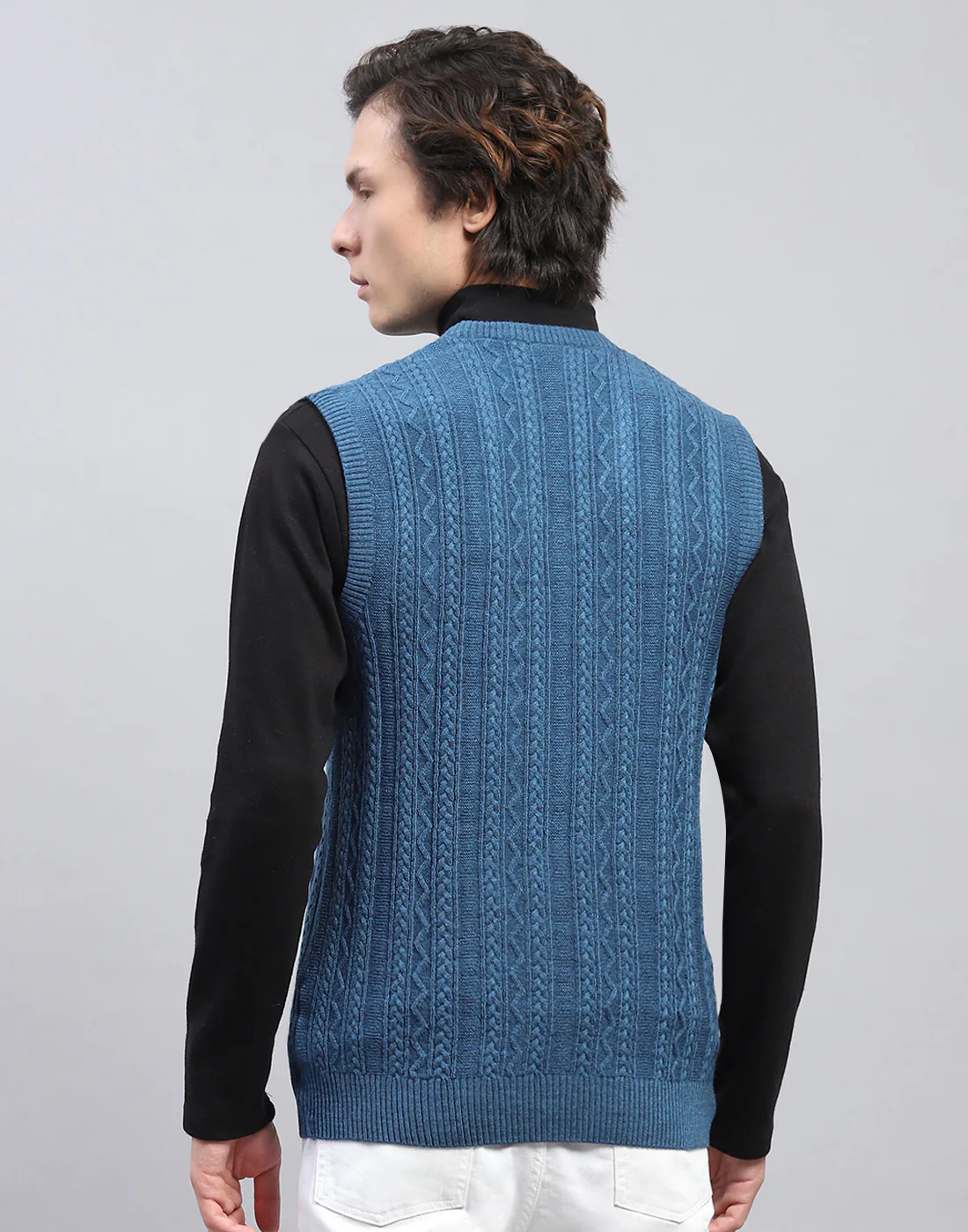 Men Blue Self Design V Neck Sleeveless Sweater - Image 5