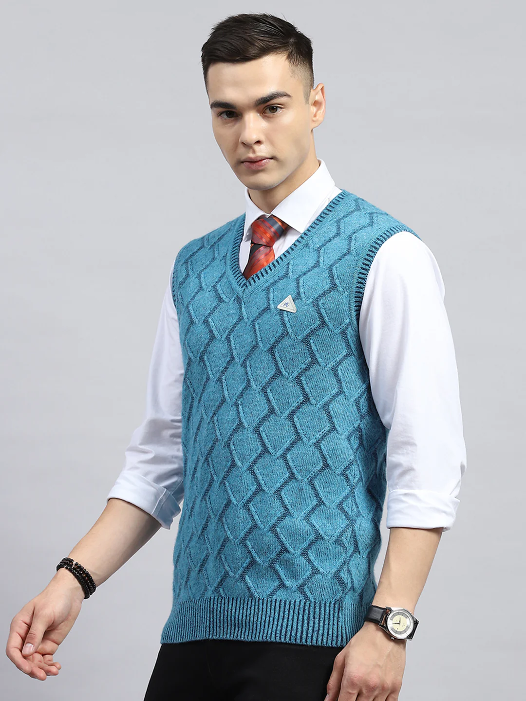 Men Blue Self Design V Neck Sleeveless Sweater - Image 3