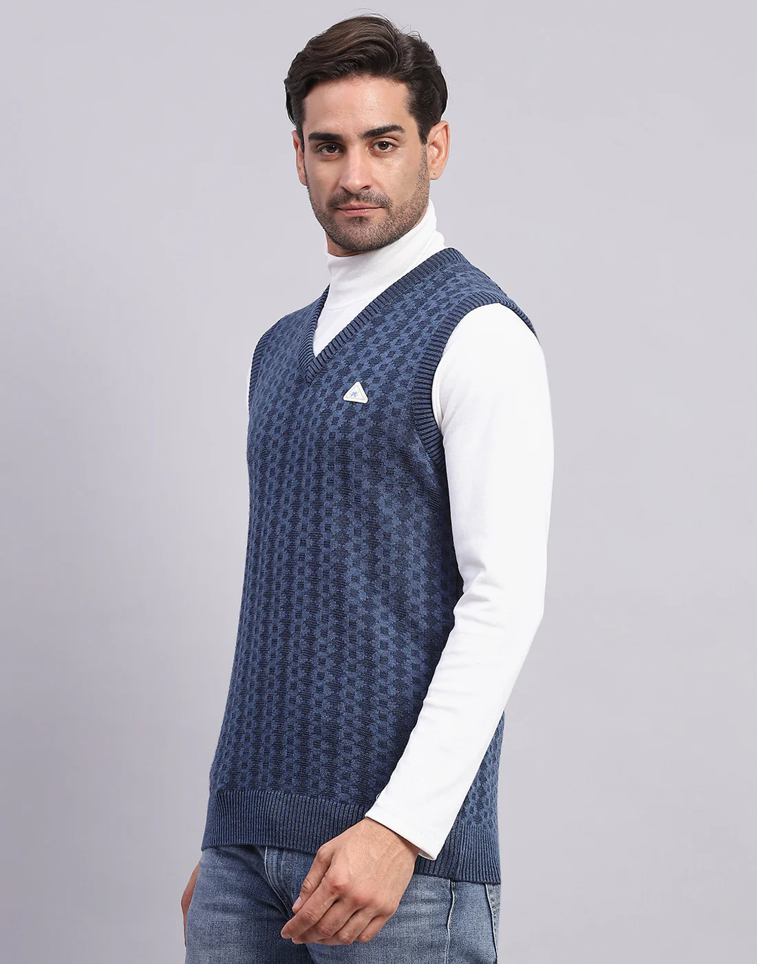 Men Blue Self Design V Neck Sleeveless Sweater - Image 3